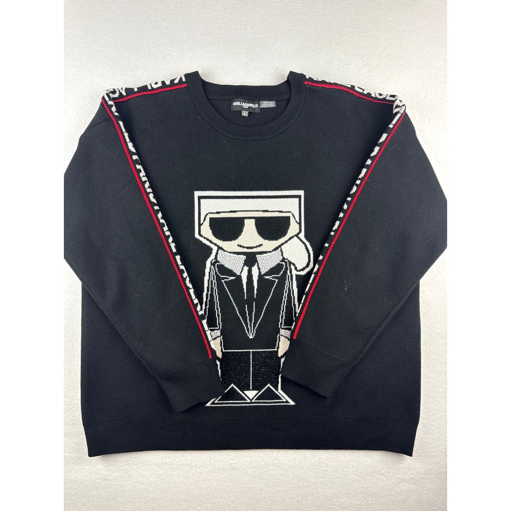 Karl Lagerfeld Paris Women's Black Graphic Icon Logo Crew Neck Sweater Large